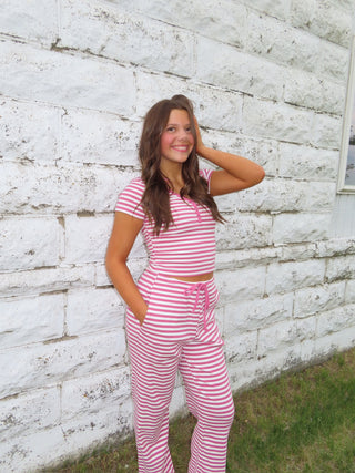Rose and White Striped Snap Button Tee