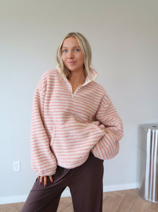 Pink & Cream Striped Quarter Zip Sherpa Pullover