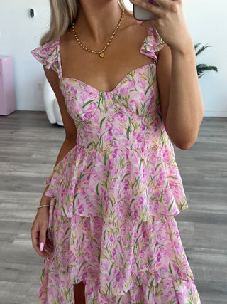 Pink Multi Floral Ruffle Maxi Dress