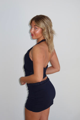 Deep Navy Lace Detail Draped Halter Top
