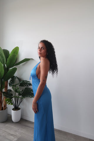 Blue Open Back Halter Neck Satin Dress
