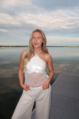Portofino Hand Sewn Pearl Sequin Embellished Mesh Halter Top