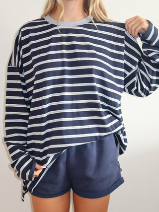Navy Oversized Striped Long Sleeve Top