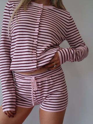 Pink & Maroon Striped Sweater Shorts