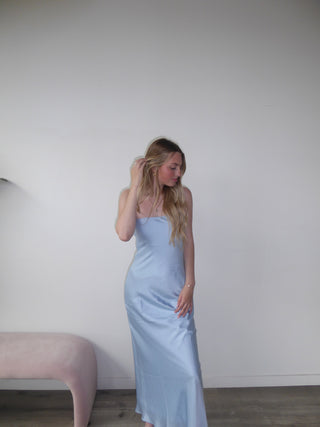 Light Blue Satin Strapless Dress With Open Tie Back