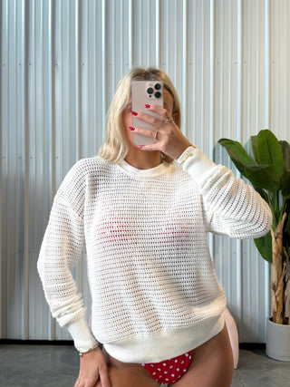 White Crochet Crewneck Top