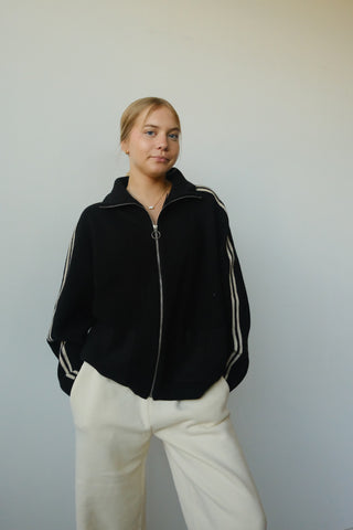 Black Side Stripe Zip Up Sweater