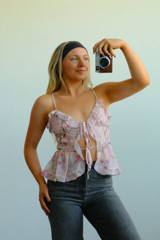 Front Tie Floral Ruffle Tank