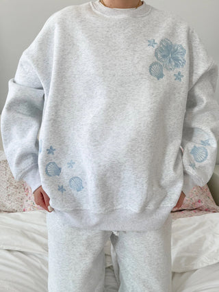 Pearl Grey Tropical Embroider Crewneck
