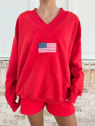 Red American Flag Embroider V-Neck Sweatshirt