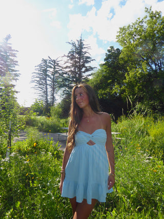 Sky Blue Strapless Dress With Open Back