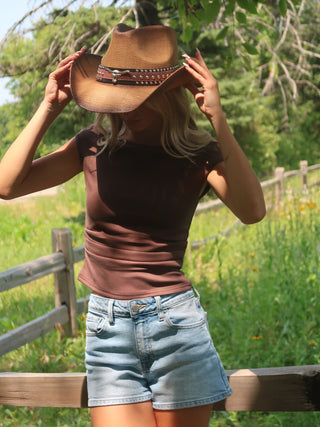Mocha Off Shoulder Ruched Knit Top