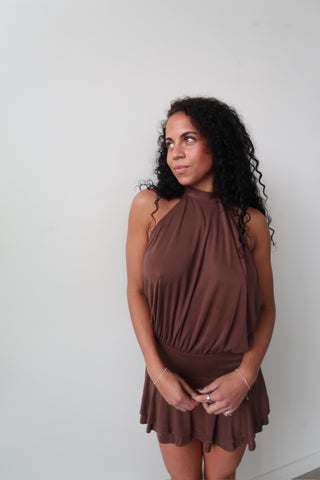 High Neck Mocha Mini Dress