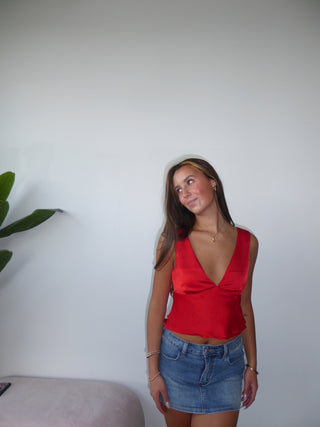 Red Satin V-Neck Tank Top