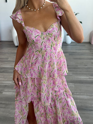 Pink Multi Floral Ruffle Maxi Dress