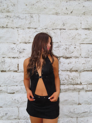 Black Suede Grommet Skort