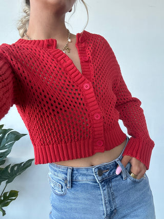 Red Crochet Button Down Cardigan