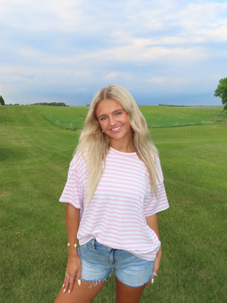 Pink Round Neck Oversized Stripe Tee Shirt