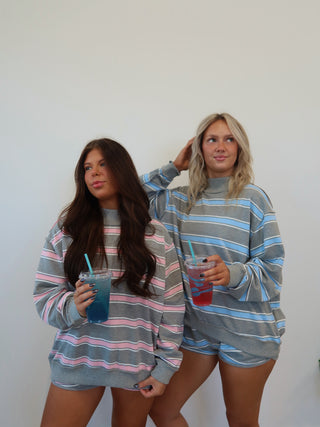 Grey & Blue Oversized Striped Mock Neck