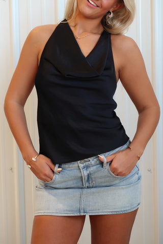 Satin Open Back Cowl Neck Top - Deep Navy