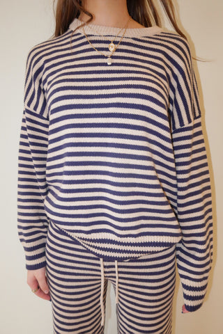 Navy & Taupe Stripe Crew Neck