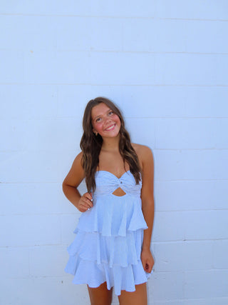 Blue/White Stripe Strapless Dress With Open Back