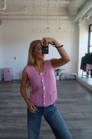 Pink Button Down Chunky Sweater Vest