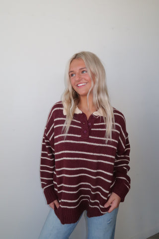 Burgundy Collared Striped Sweater