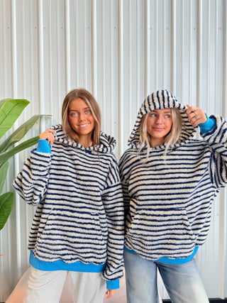Cozy Navy Striped Hoodie With Blue Cuff