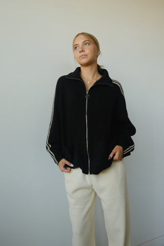 Black Side Stripe Zip Up Sweater