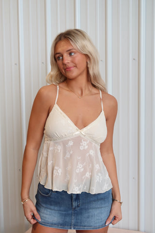 Cream Floral Mesh V-Neck Tank Top