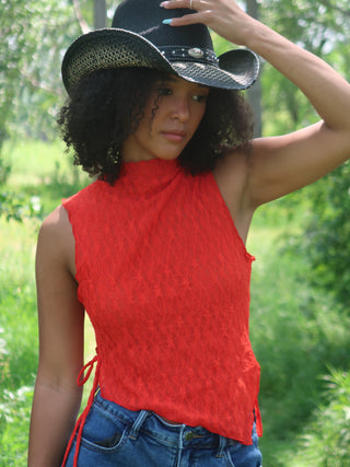 Red Mesh Asymmetrical Top