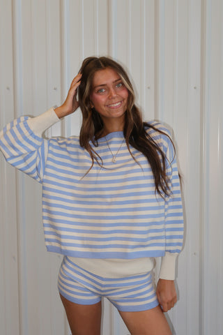 Blue Striped Off The Shoulder Long Sleeve