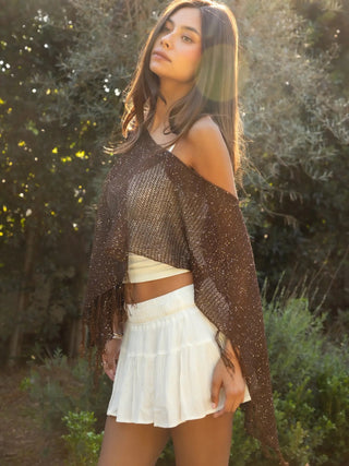 Brown Crystal Sequin Tassel Fringe Crochet Cape
