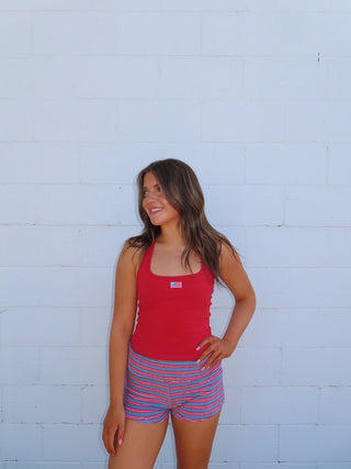 Dusty Blue/Red Fold Over Striped Shorts