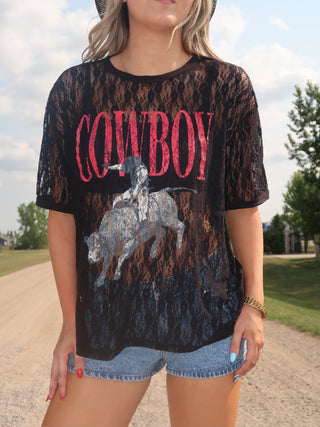 Black Cowboy Rodeo Western Mesh T-Shirt