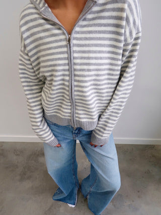 Sunday Zip Striped Sweater - Grey & White