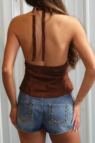 Suede Front Buckle Grommet Halter Top