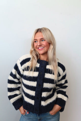 Navy & White Strip Chunky Cropped Cardigan