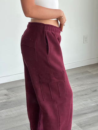 Long Black Cherry Staple Cargo Wide Leg Sweatpants