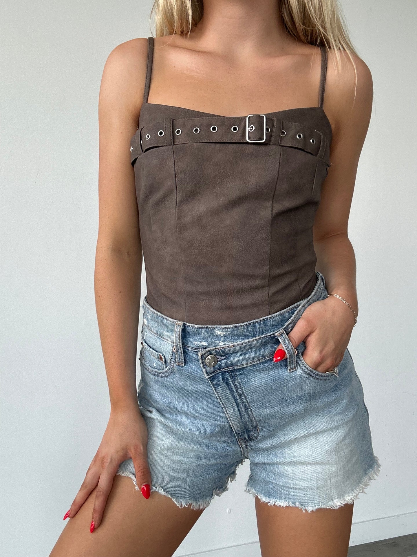 Faux Leather Buckle Corset Top