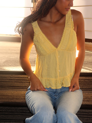 Yellow V-Neckline Top with Lace Trim