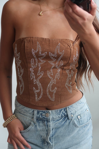 Hazelnut Washed Denim Corset With Rhinestone Embroidery