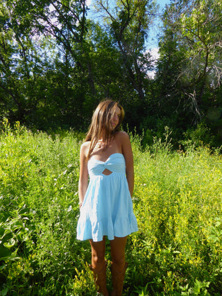 Sky Blue Strapless Dress With Open Back