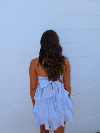 Blue/White Stripe Strapless Dress With Open Back