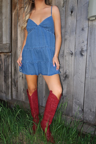 Spaghetti Strapped Tiered Denim Dress