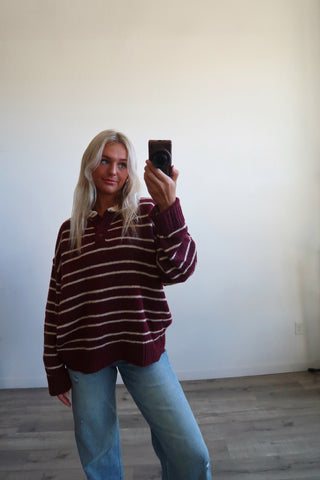 Burgundy Collared Striped Sweater