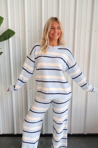 Ultra Soft Knit Blue Striped Wide Leg Pants