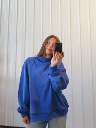 Royal Blue Vintage Wash Print Oversized Sweatshirt