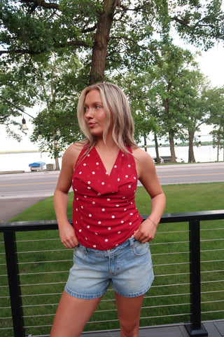 Polka Dot Cowl Neck Top with Attached Scarf